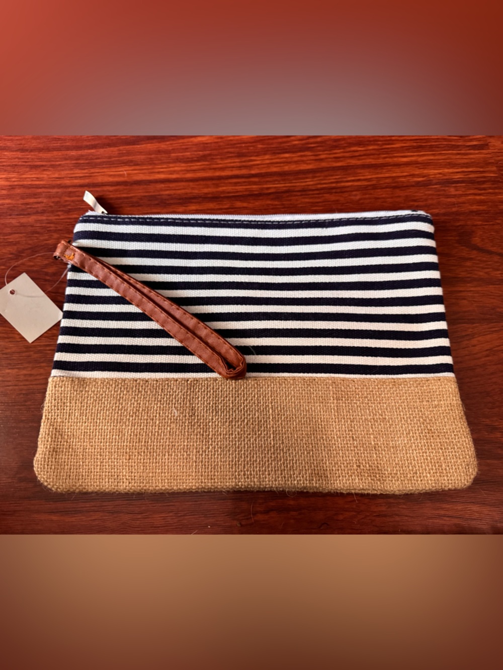 Striped Navy & White Canvas Wristlet with Burlap Accent